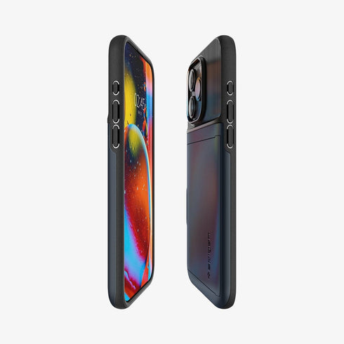 ACS06589 - iPhone 15 Pro Max Case Slim Armor CS in black showing the back with card in slot